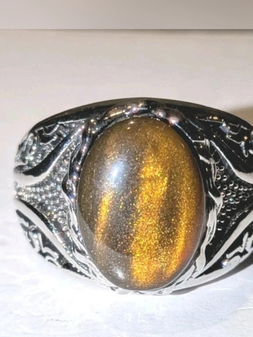 Men Oval Tiger Eye Gemstone Silver Plated Ring , Brown Veined Stone Ring Sz 10